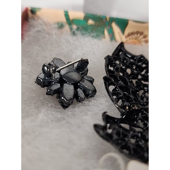 RALPH LAUREN vintage Black ONYX Leaf + flower enamel Brooch pin w Rhinestones - Picture 6 of 7